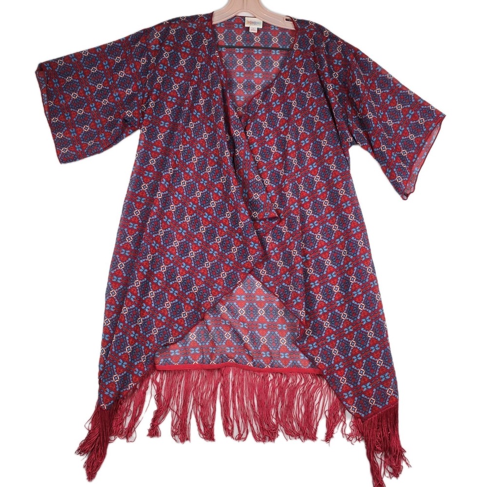 LuLaRoe Monroe Kimono Cardigan Small Red Blue Geometric Fringe Short Sleeve Boho